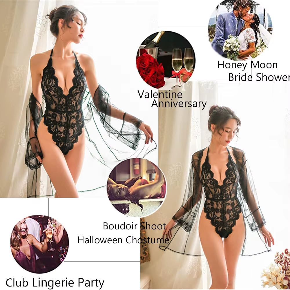 Women Transparent Lace Bodysuit Sexy Lingerie Sleepwear Mesh Lace Floral See-Through Teddies Catsuit Erotic Sex Costume