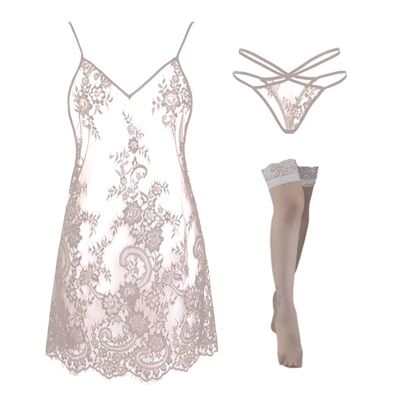 Womens Lace Nightgowns Sex Backless Nightdress Sexy Sleepwear Ladies See through Lingerie Nightie Exotic Nightwear Dressing Gown