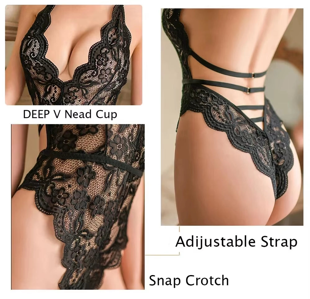 Women Transparent Lace Bodysuit Sexy Lingerie Sleepwear Mesh Lace Floral See-Through Teddies Catsuit Erotic Sex Costume